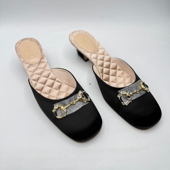 Gucci Horsebit-Detailed Crystal-Embellished Satin Mules Black Size EU 37 US 7 - Picture 1 of 11